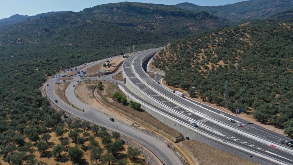 Aerial view of a highway winding through the hills of Küçükkuyu, Çanakkale, Turkey.
