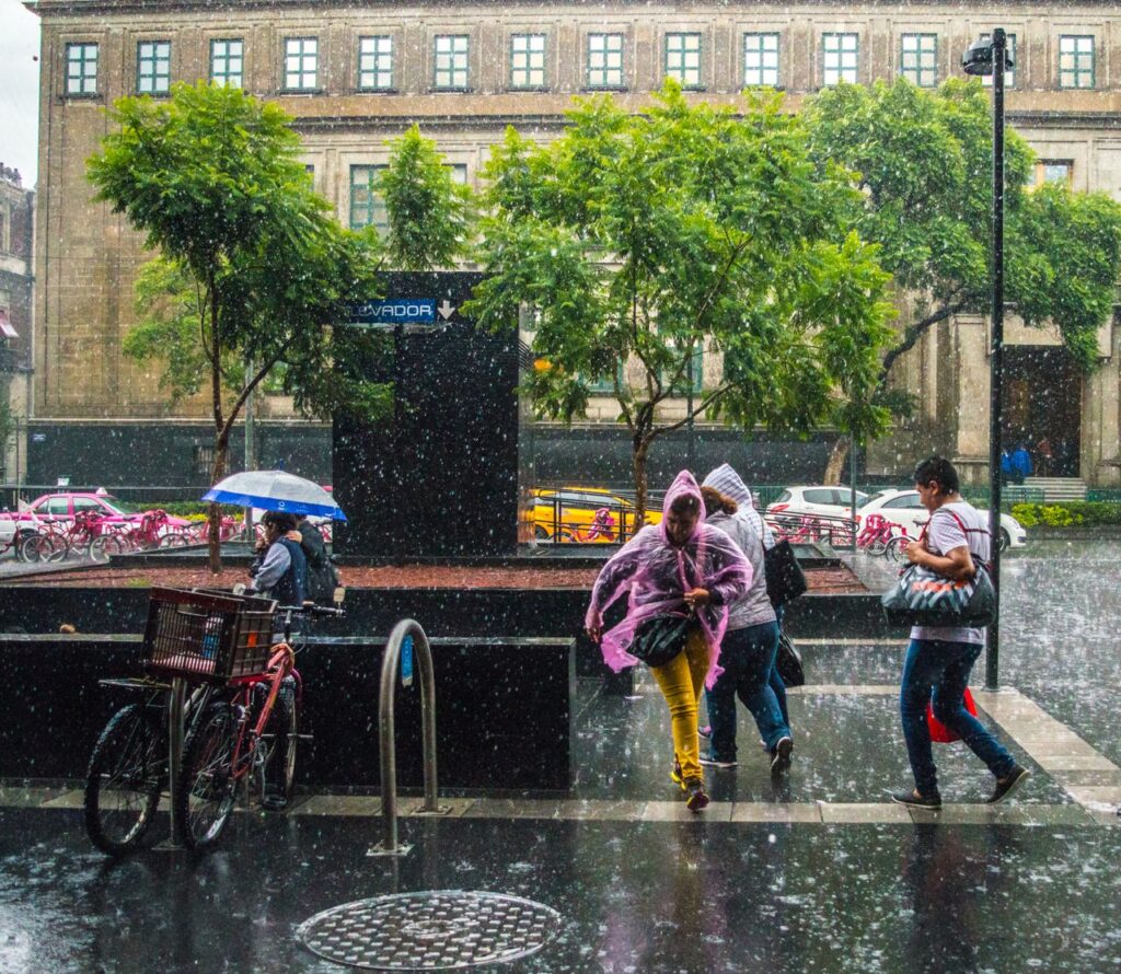 People walking on a wet city sidewalk during a rainstorm, carrying umbrellas and wearing ponchos.